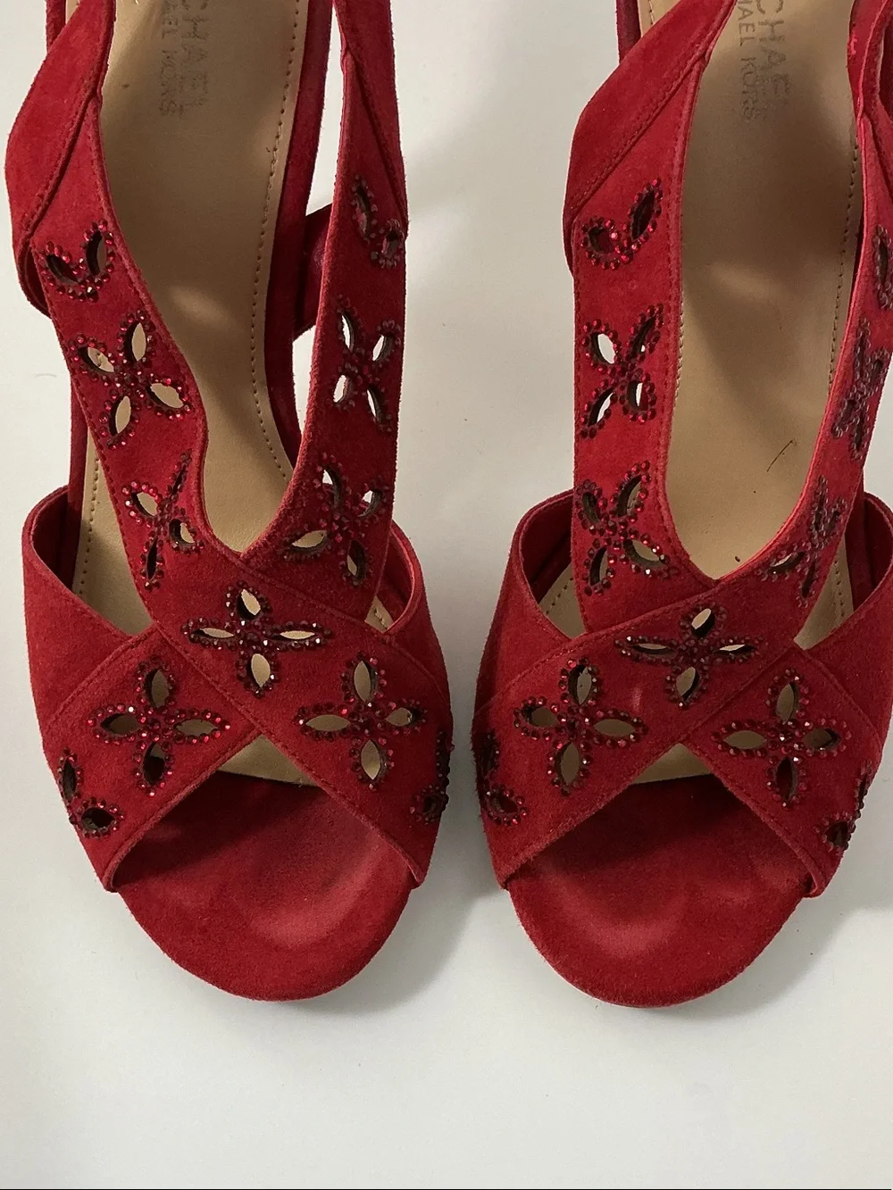 Michael Kors Red Suede Slingback Heels with Cutout & Bead Detail